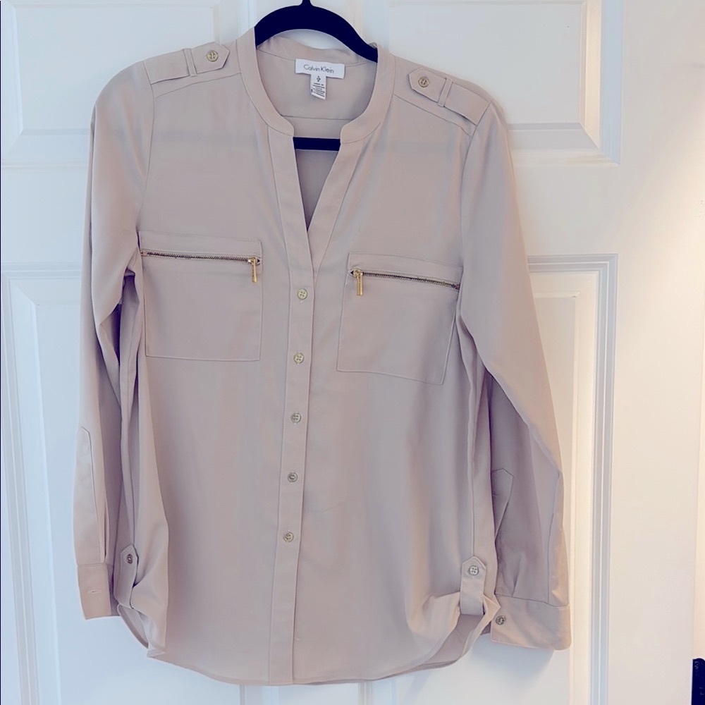 Calvin Klein Taupe Blouse with Gold Zipper Details
